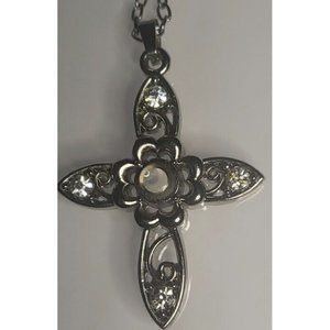 Vintage Stanhope Cross Silver Tone Chain Lord's Prayer Clear Rhinestone Filigree